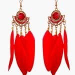 Red Feather Dangle Earrings with Gold-Toned Crystal Accents
