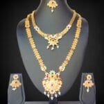 Gold-Plated Temple Necklace Set with Layered Pendants & Pearl Drops