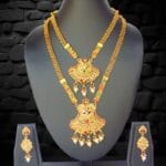 Gold-Plated Temple Necklace Set with Intricate Pendant & Pearl Drops