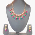 Gold-Plated Ruby & Emerald Bead Necklace Set with Earrings