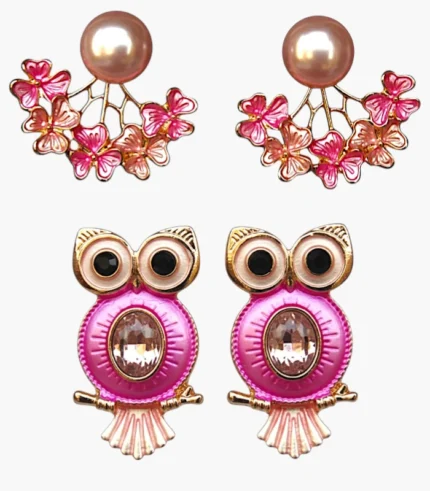 Pink Pearl & Owl Earring Combo